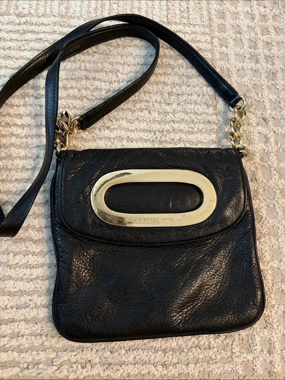 Michael Kors Black Leather Crossbody with Gold Oval Accent